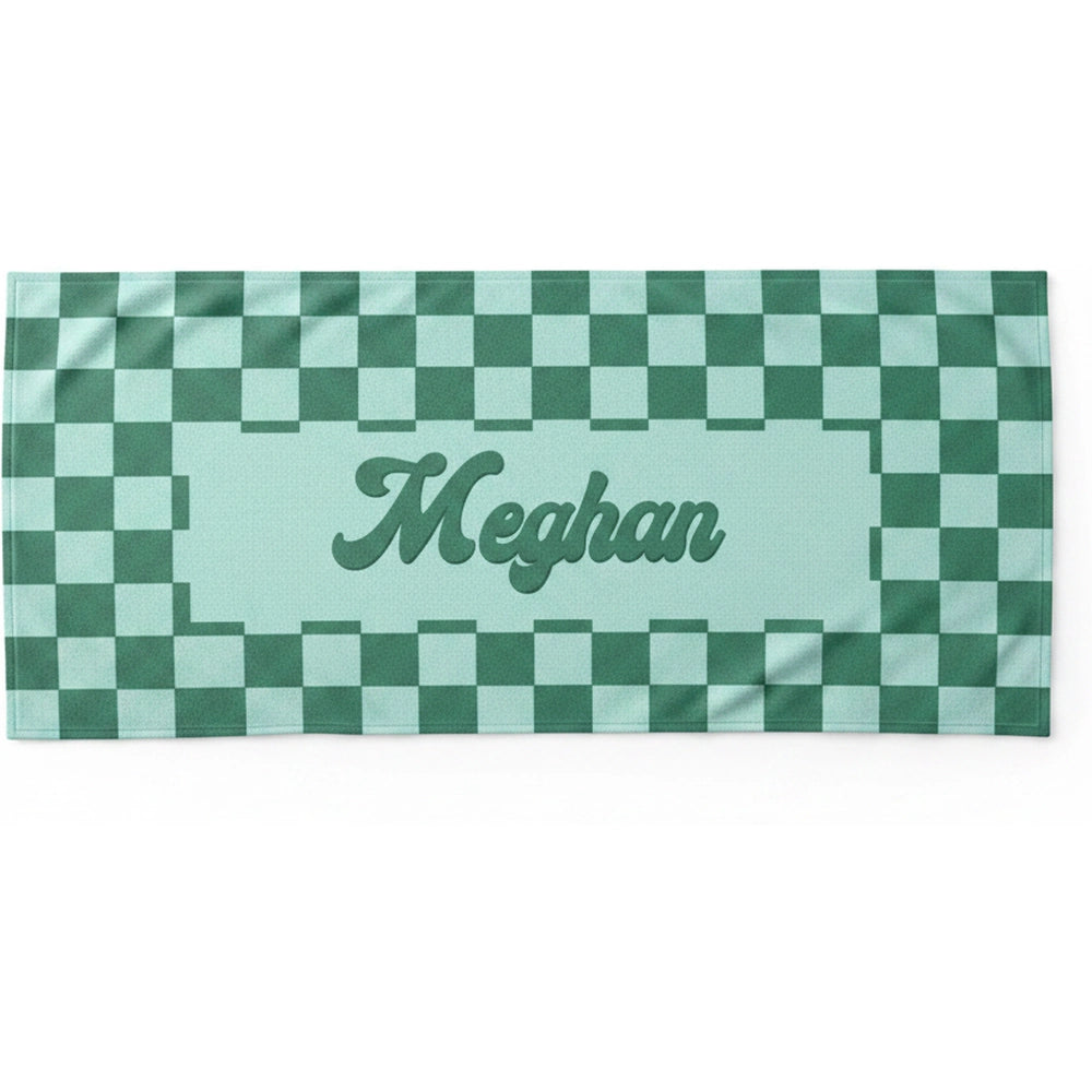 Custom Personalized Beach Towel with Green Checkered Pattern product on white background