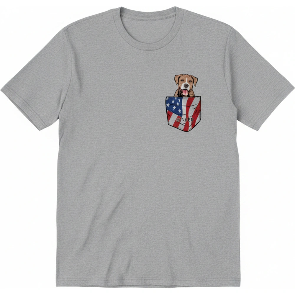 Custom Photo T-Shirt with Dog in American Flag Pocket product on white background