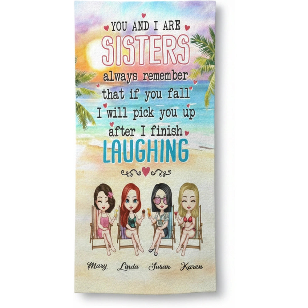 Custom Personalized Beach Towel with You and I Are Sisters Quote product on white background