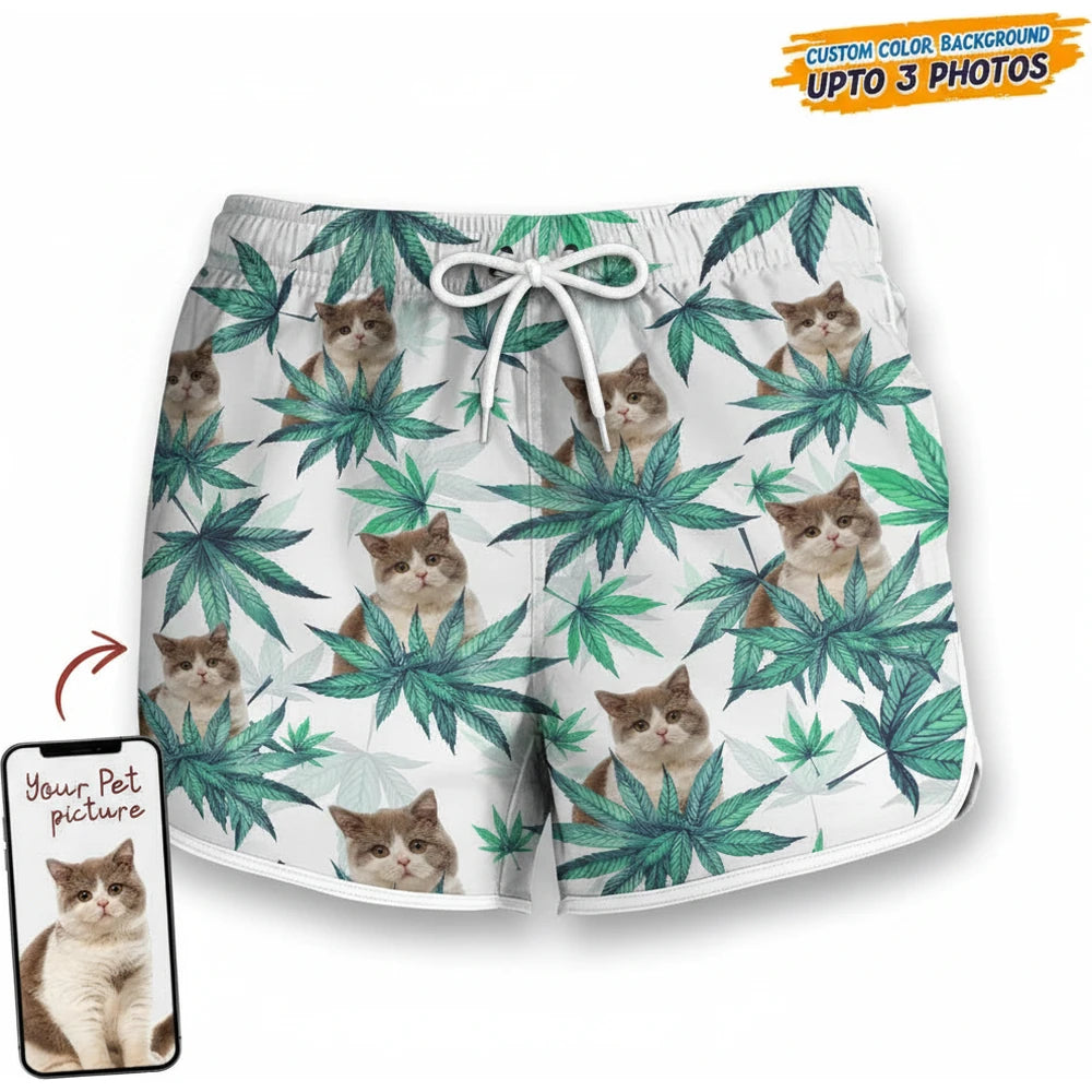 Custom Photo Upload Beach Shorts with Leaves product on white background