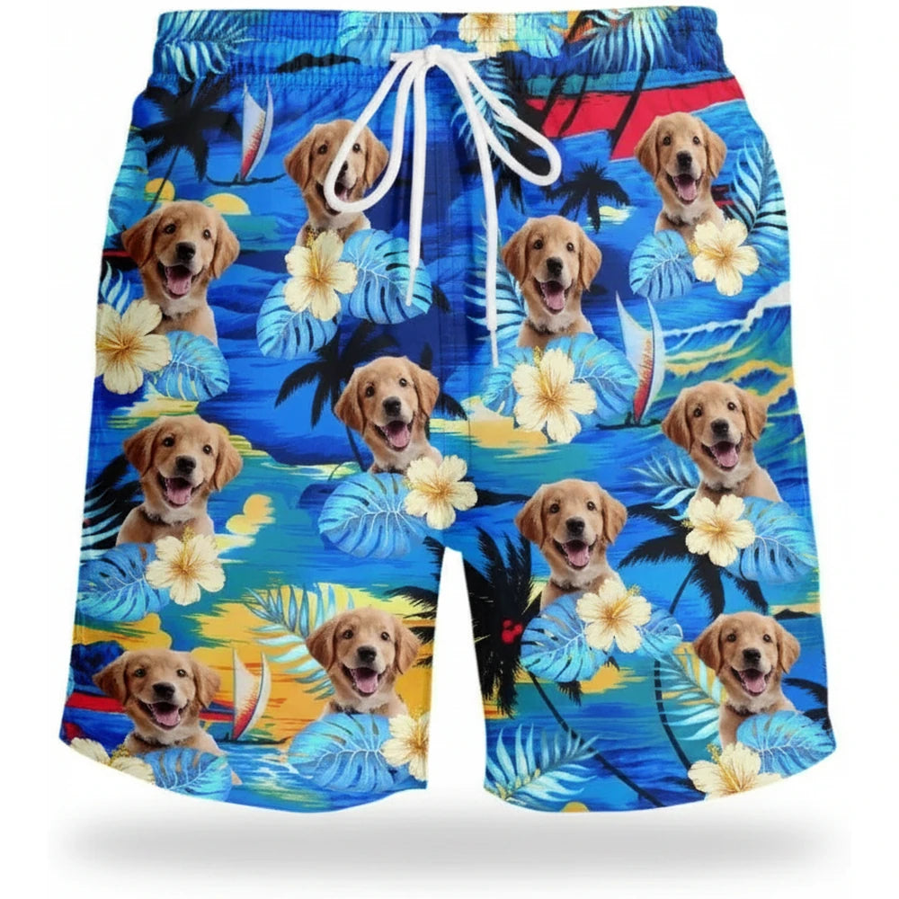 Custom Photo Upload Beach Shorts with Tropical Flowers & Palm Leaves product on white background