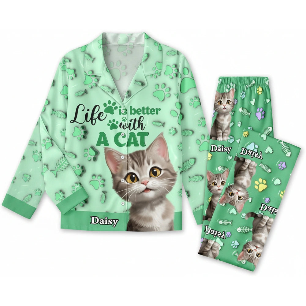 Custom Photo Upload Pajamas Life is Better with a Cat product on white background