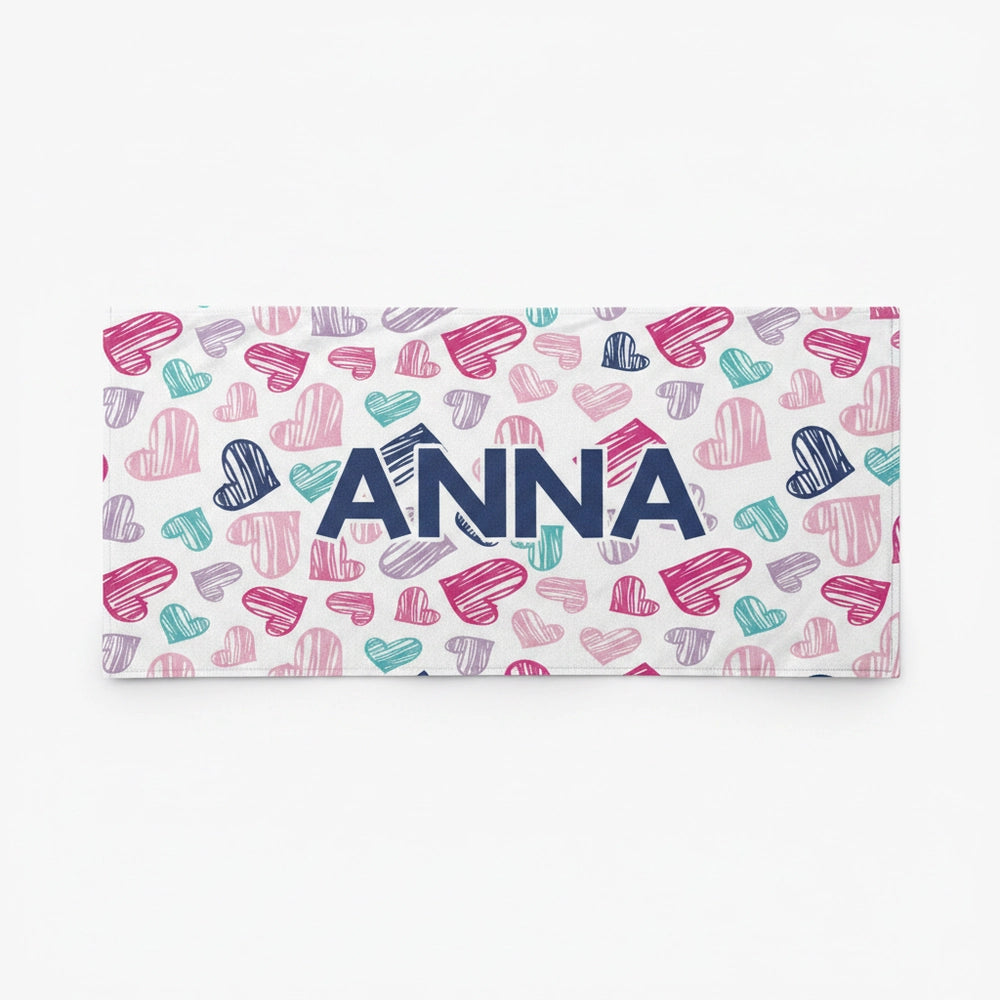 Custom Personalized Beach Towel with Colorful Hearts Pattern product on white background