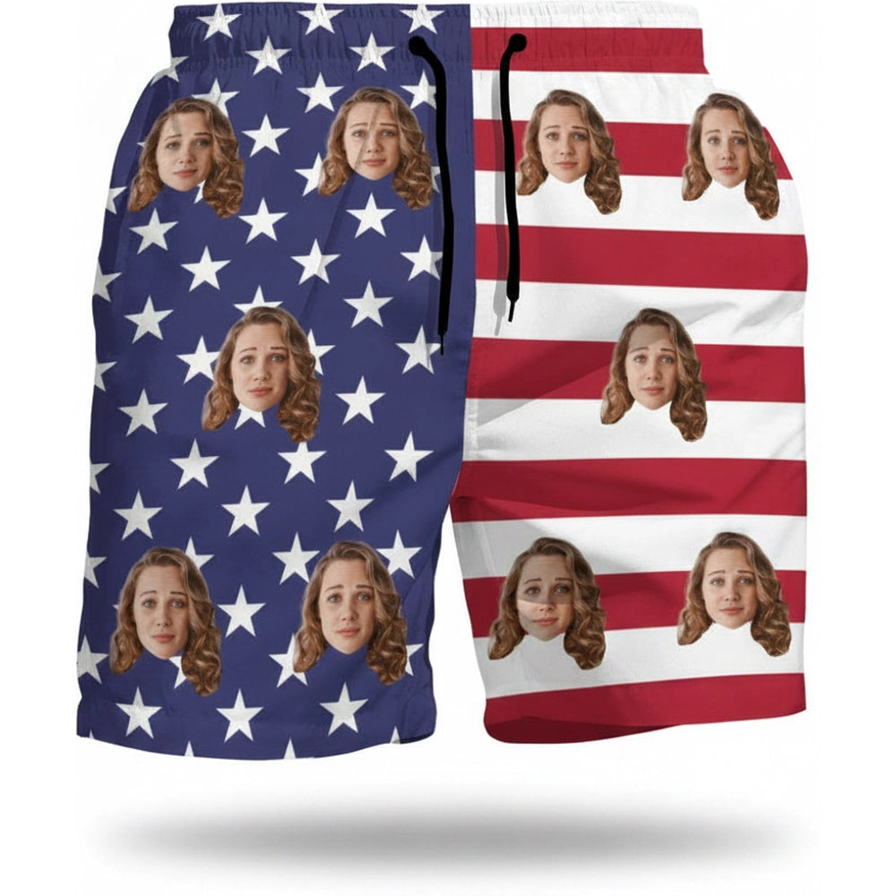 Custom Photo Upload Beach Shorts with American Flag Design product on white background