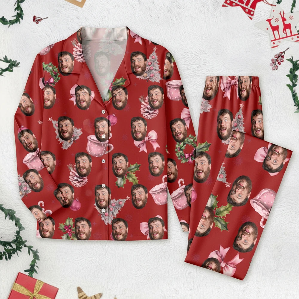Custom Photo Upload Christmas Pajamas with Holly & Pink Mugs product on white background