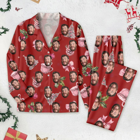 Custom Photo Upload Christmas Pajamas with Holly & Pink Mugs product on white background