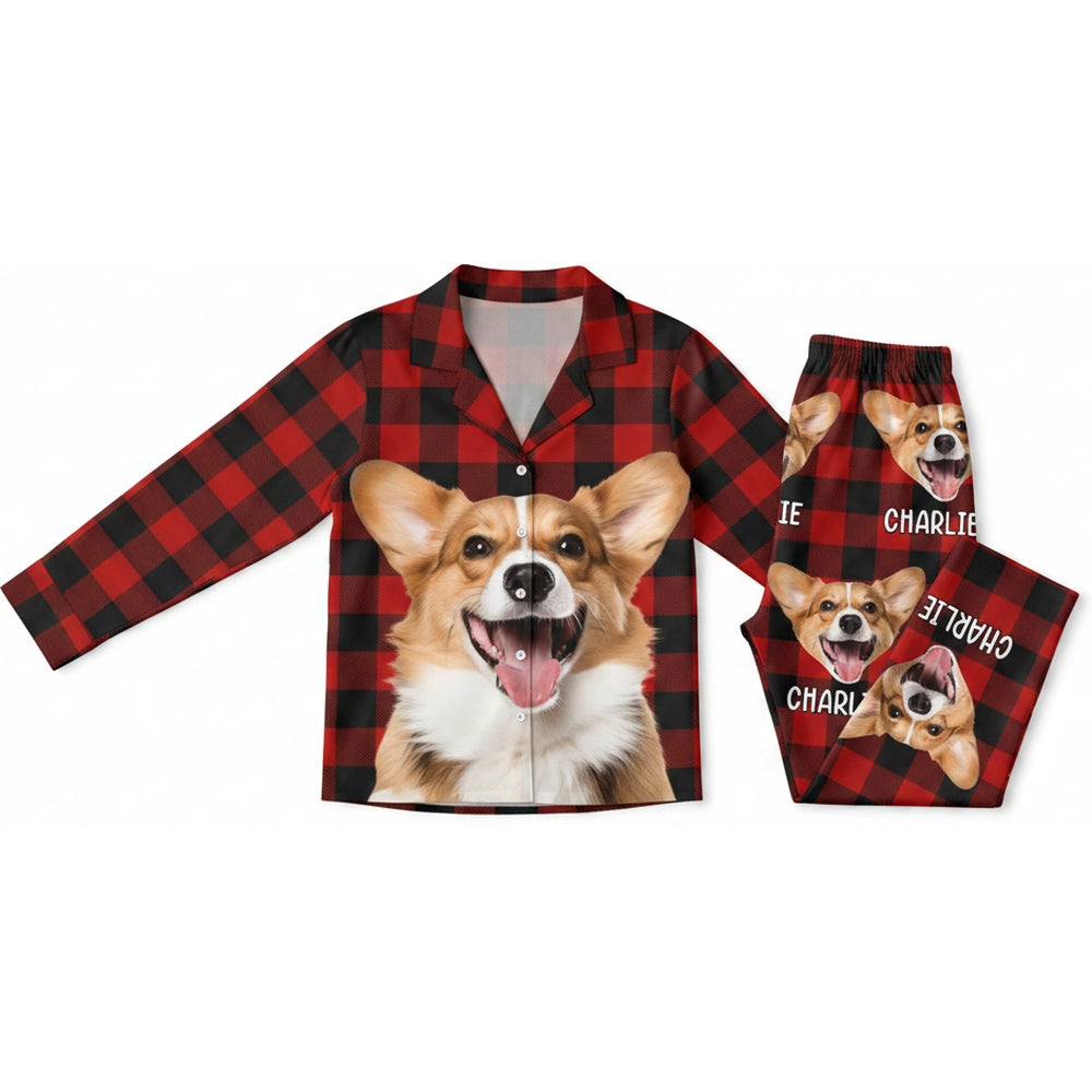 Custom Photo Upload Buffalo Plaid Pajamas with Corgi product on white background