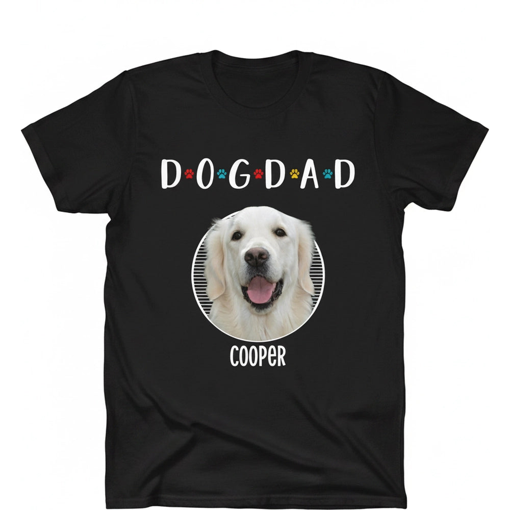 Custom Photo Upload Dog Dad T-Shirt with Colorful Paw Prints product on white background