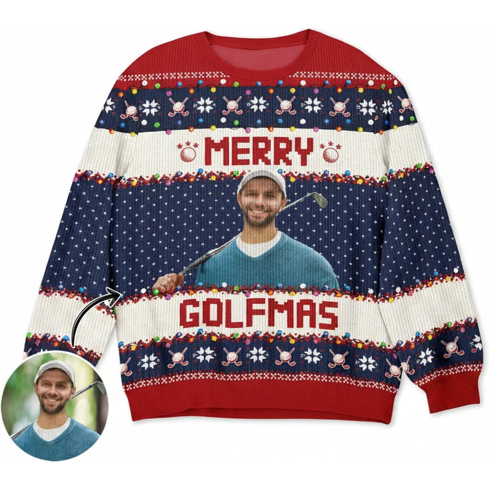 Custom Photo Upload Merry Golfmas Golf Christmas Sweater product on white background