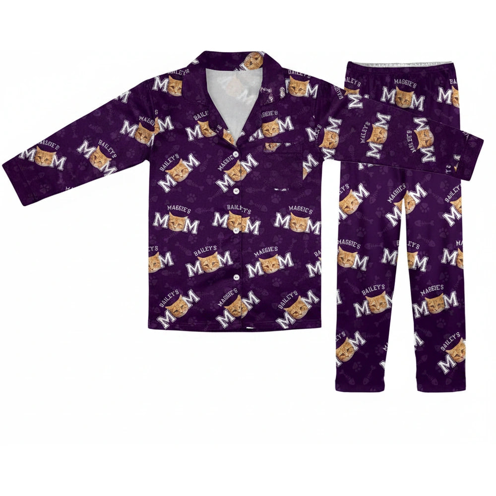 Custom Photo Upload Pajamas with Cat MOM Pattern & Paw Prints product on white background