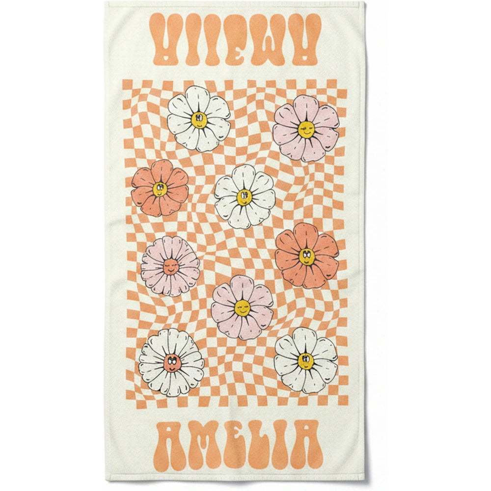 Custom Photo Beach Towel with Retro Daisies and Checkered Pattern product on white background