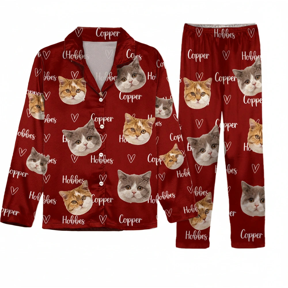 Custom Photo Upload Pajamas with Cat Faces and Hearts product on white background