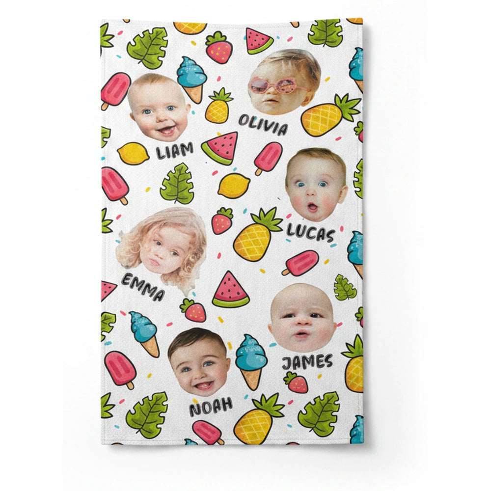 Custom Photo Upload Beach Towel with Tropical Fruits & Ice Cream product on white background