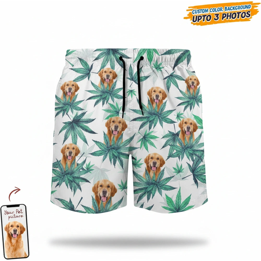Custom Photo Upload Beach Shorts with Tropical Leaves Pattern product on white background