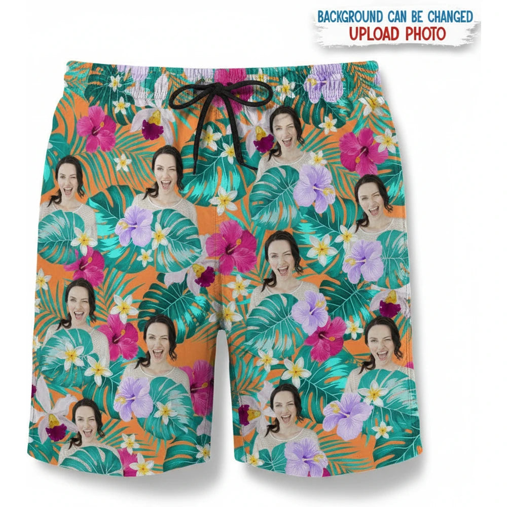 Custom Photo Upload Beach Shorts with Tropical Flowers & Palm Leaves product on white background