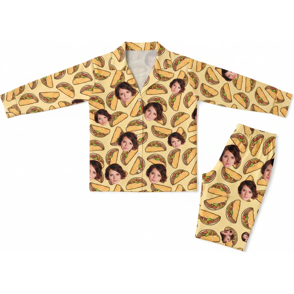 Custom Photo Upload Pajamas with Tacos on Yellow Background product on white background