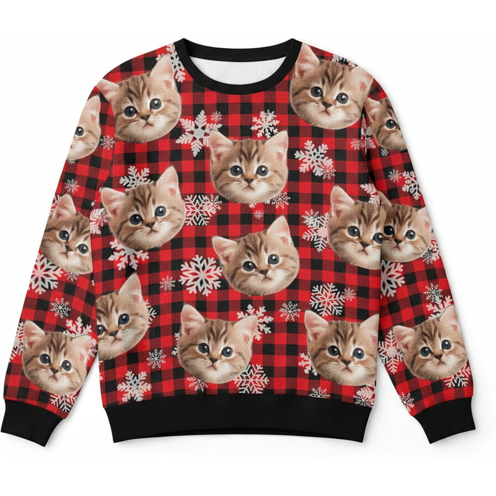 Custom Photo Upload Sweater with Buffalo Plaid and Snowflakes product on white background