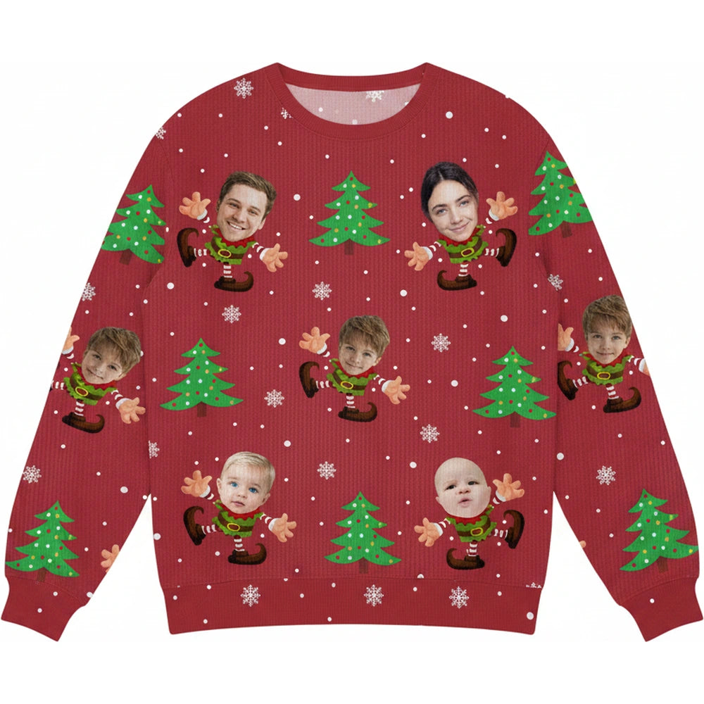 Custom Photo Upload Sweater with Christmas Elves & Trees product on white background