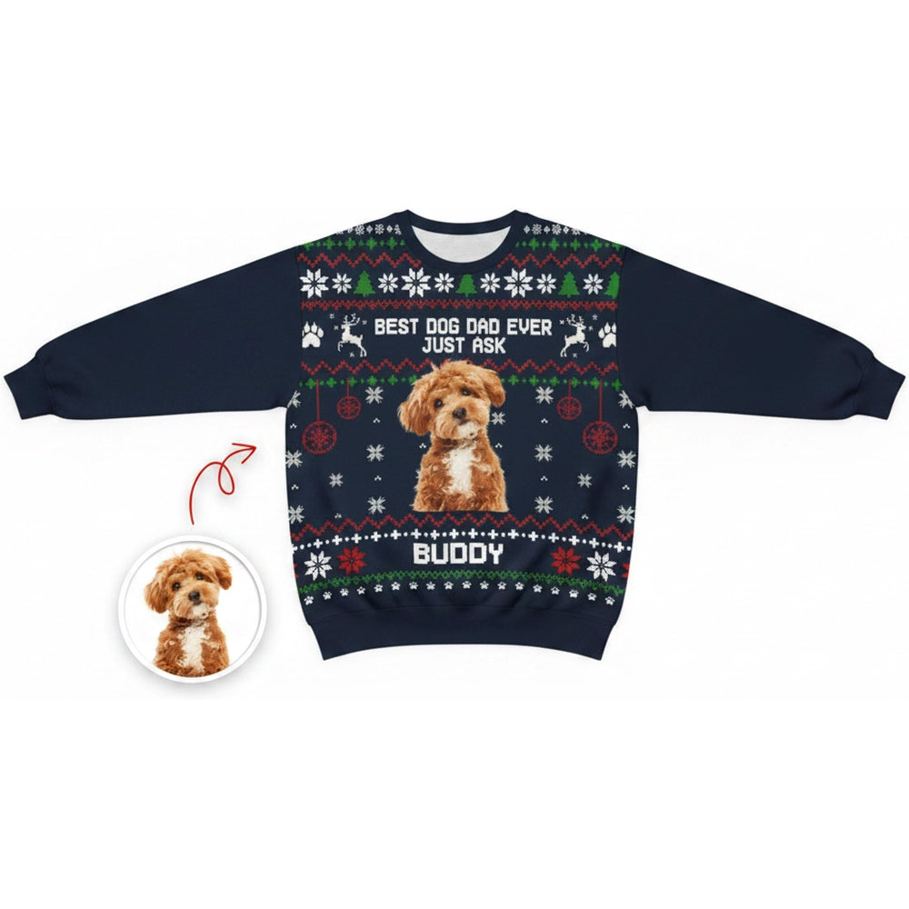 Custom Photo Upload Best Dog Dad Ever Ugly Christmas Sweater product on white background