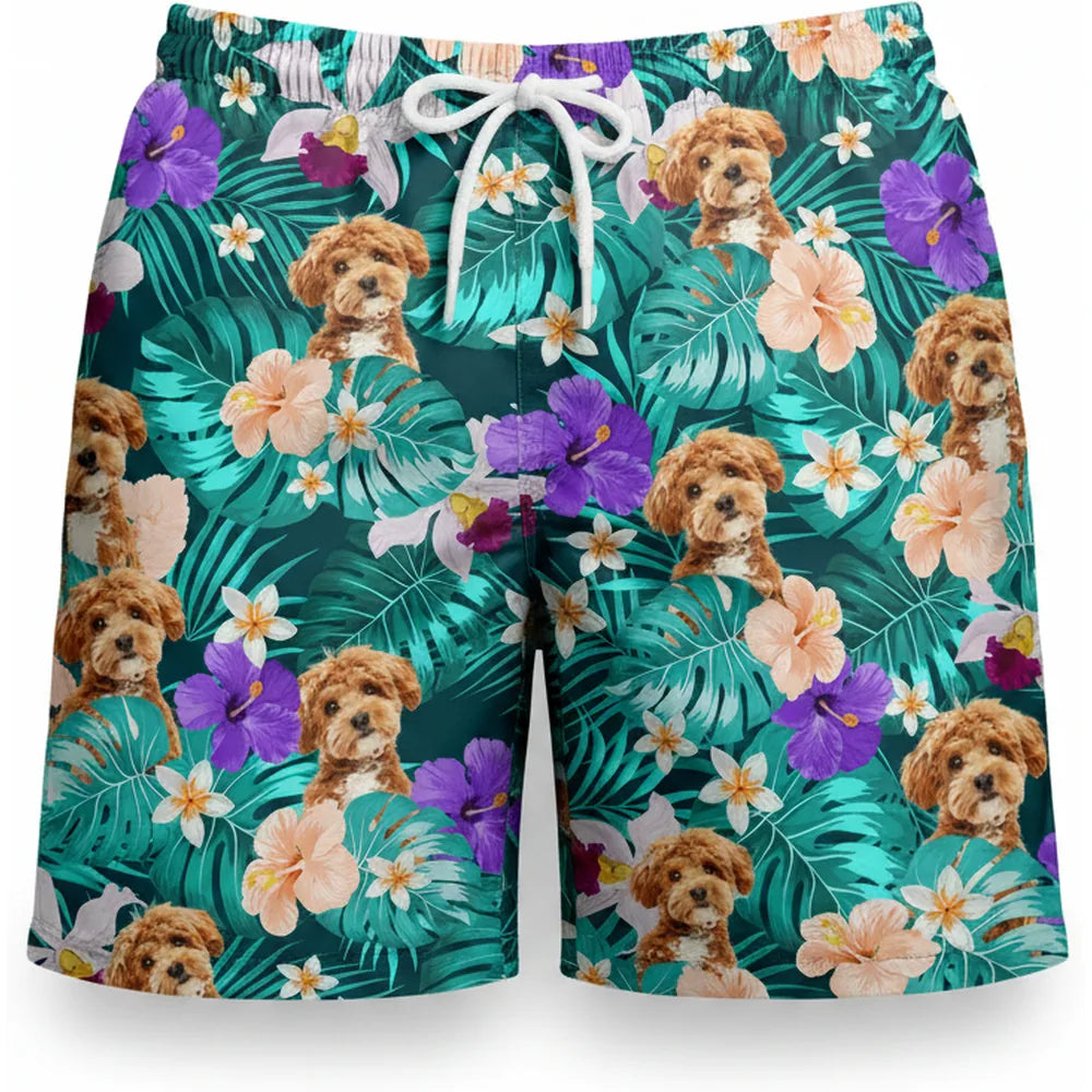 Custom Photo Upload Beach Shorts with Tropical Flowers & Dog Print product on white background