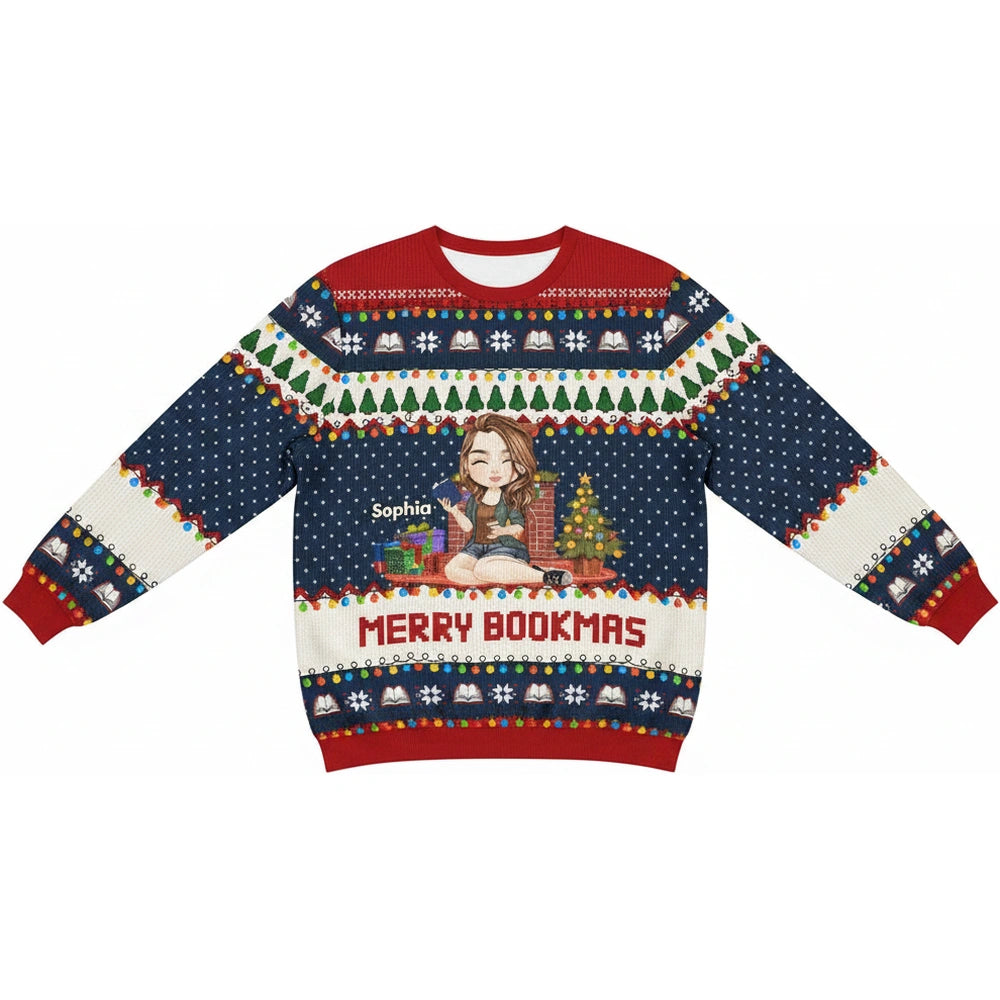 Custom Personalized Sweater with MERRY BOOKMAS and Christmas Lights product on white background