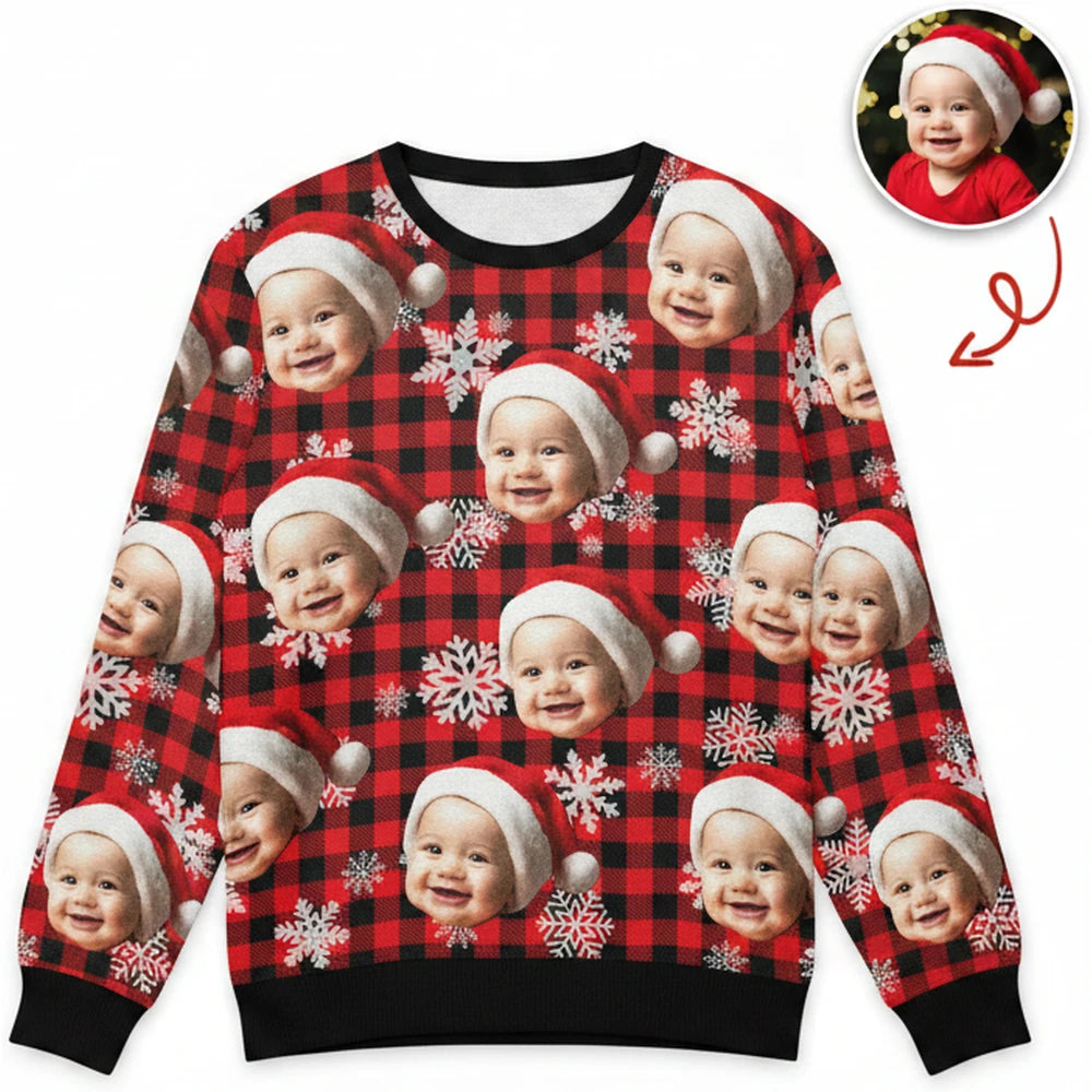 Custom Photo Upload Sweater with Buffalo Plaid and Snowflakes product on white background