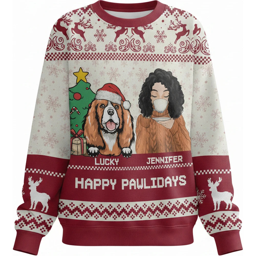 Custom Photo Upload Sweater with Happy Pawlidays & Christmas Tree product on white background