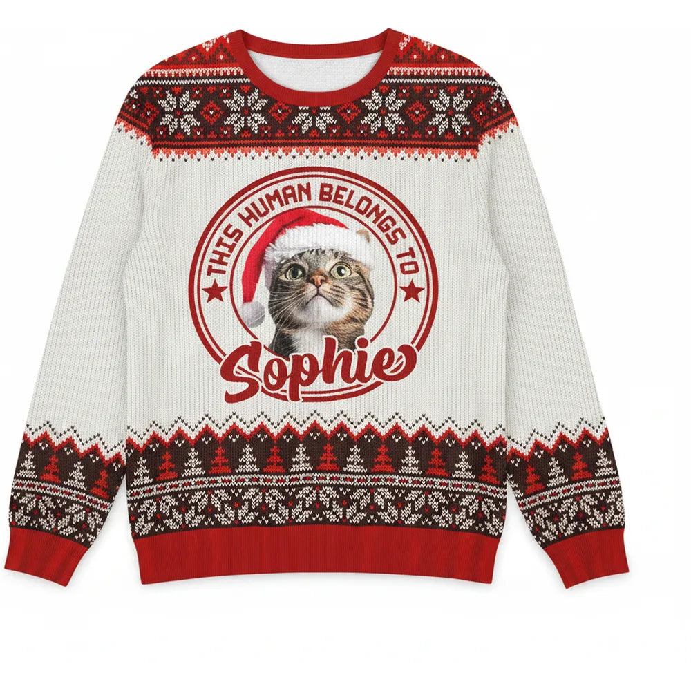 Custom Photo Upload This Human Belongs To Sweater with Fair Isle Pattern product on white