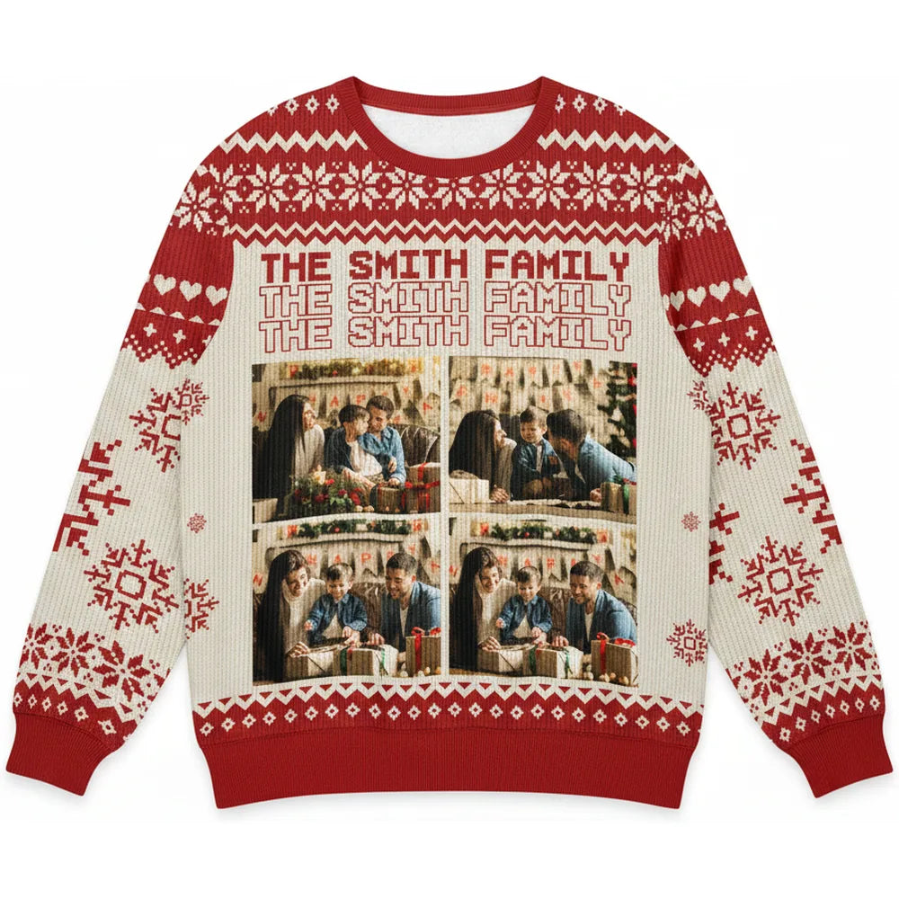 Custom Photo Upload Sweater with Snowflakes & Fair Isle Pattern product on white background