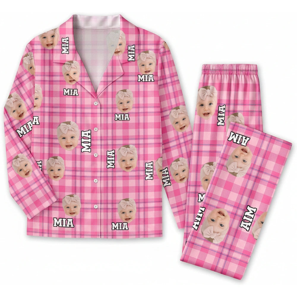 Custom Photo Upload Flannel Pajamas with Pink Plaid Pattern product on white background