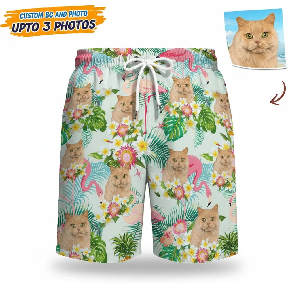 Custom Photo Upload Beach Shorts with Flamingos & Tropical Flowers product on white background