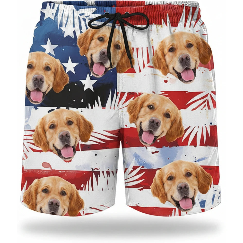 Custom Photo Upload Beach Shorts with American Flag product on white background