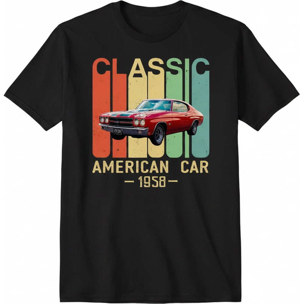 Custom Photo T-Shirt with Classic American Car 1958 Retro Stripes product on white background