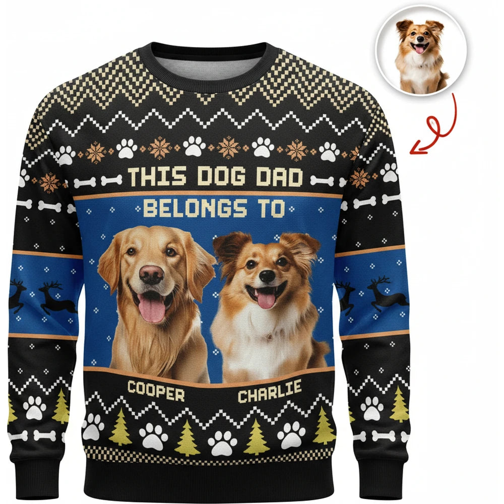 Custom Photo Upload This Dog Dad Belongs To Sweater with Paw Prints product on white