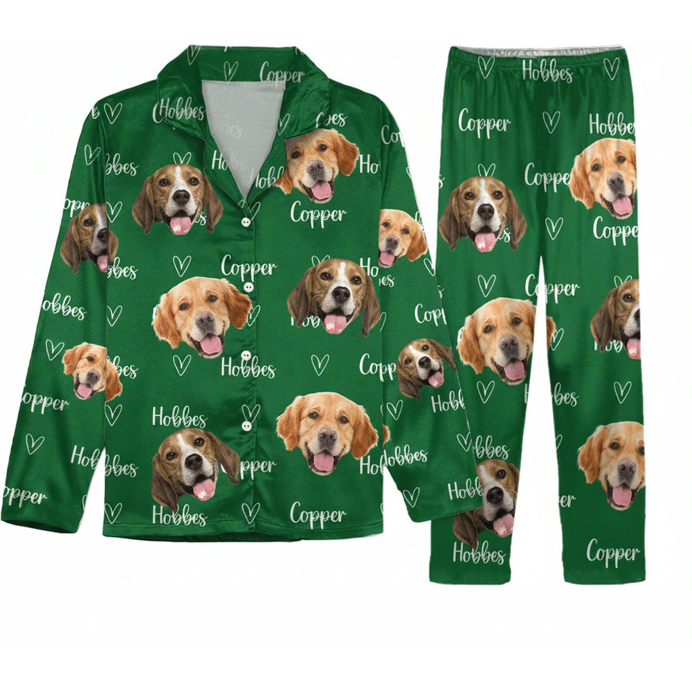 Custom Photo Upload Dog Face Pajamas with Hearts on Green product on white background