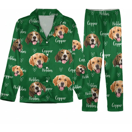 Custom Photo Upload Dog Face Pajamas with Hearts on Green product on white background