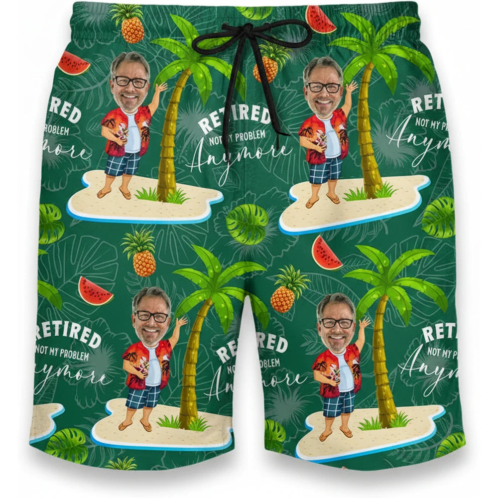 Custom Photo Beach Shorts with Retired Not My Problem Anymore product on white background