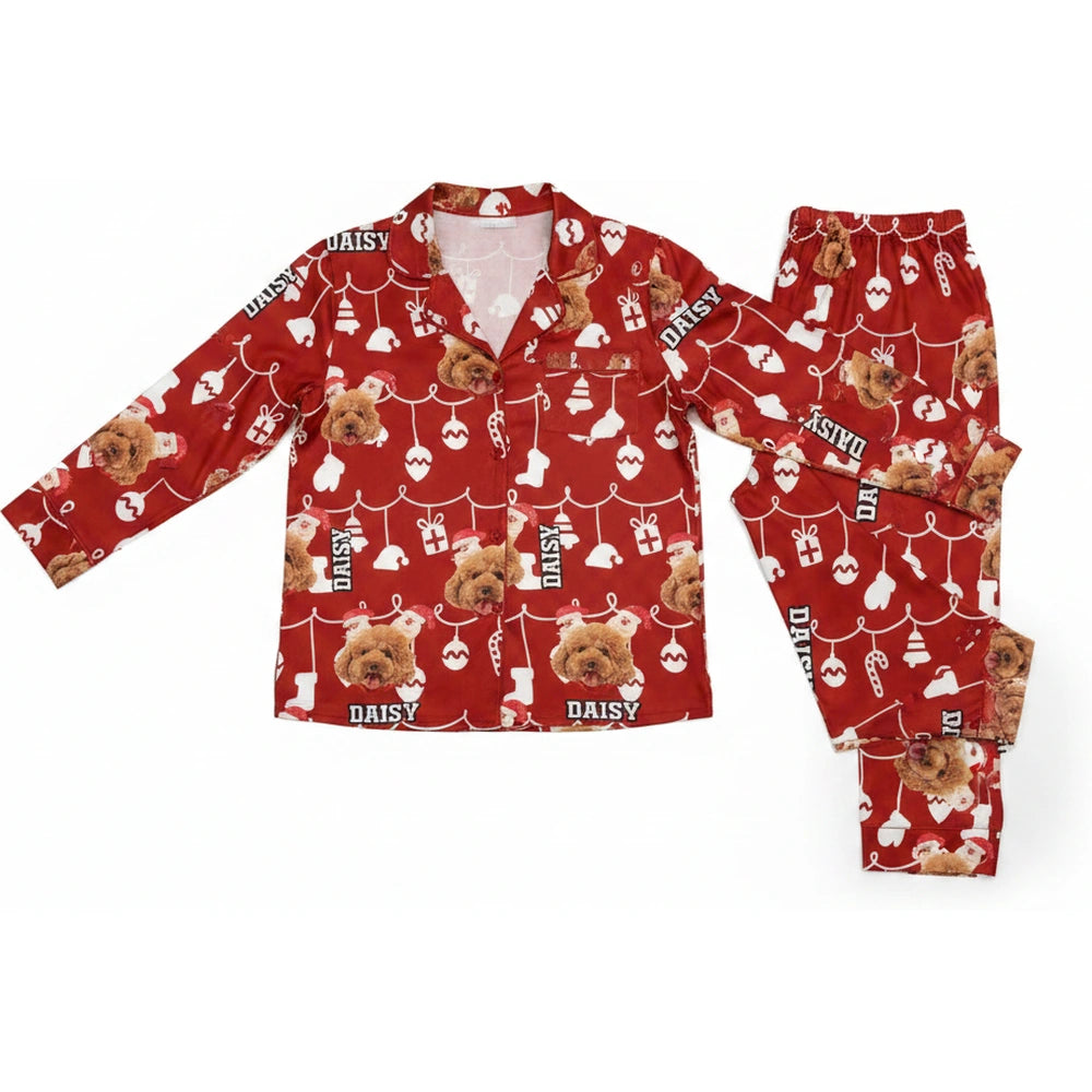 Custom Photo Upload Christmas Pajamas with Dog & Festive Ornaments product on white background