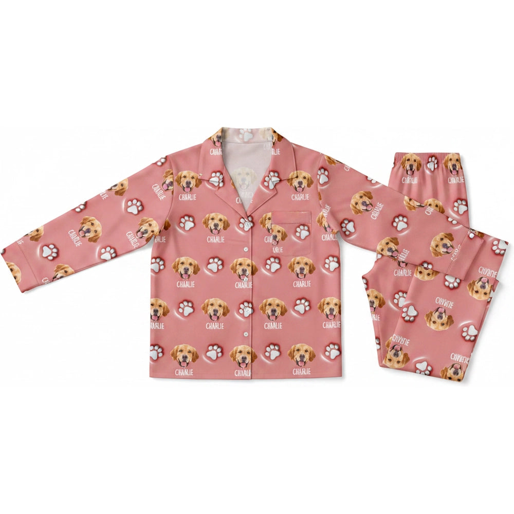 Custom Photo Upload Pajamas with Dog Face and Paw Print Pattern product on white background