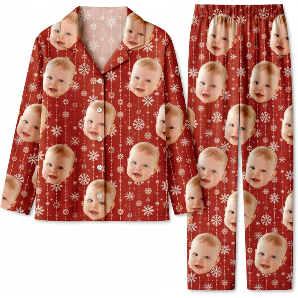 Custom Photo Upload Pajamas with Snowflakes on Red Background product on white background