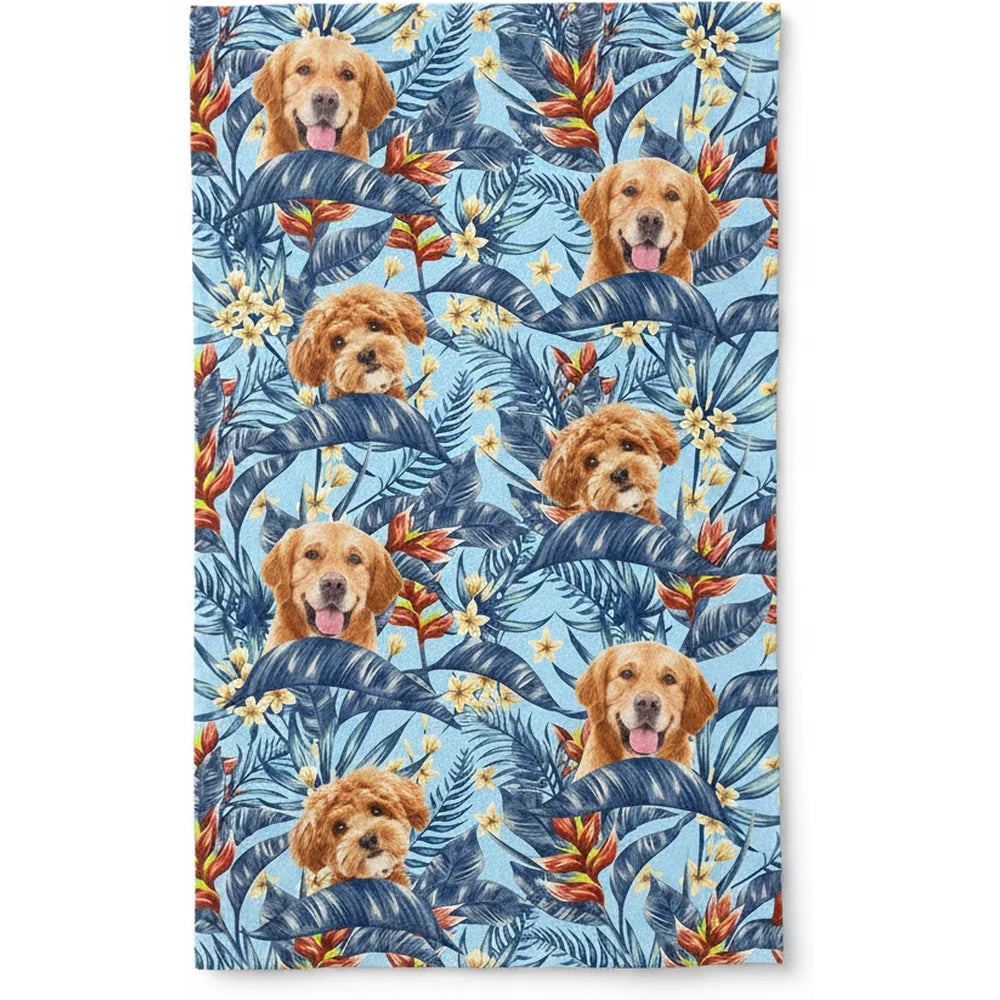 Custom Photo Upload Beach Towel with Tropical Leaves & Flowers product on white background