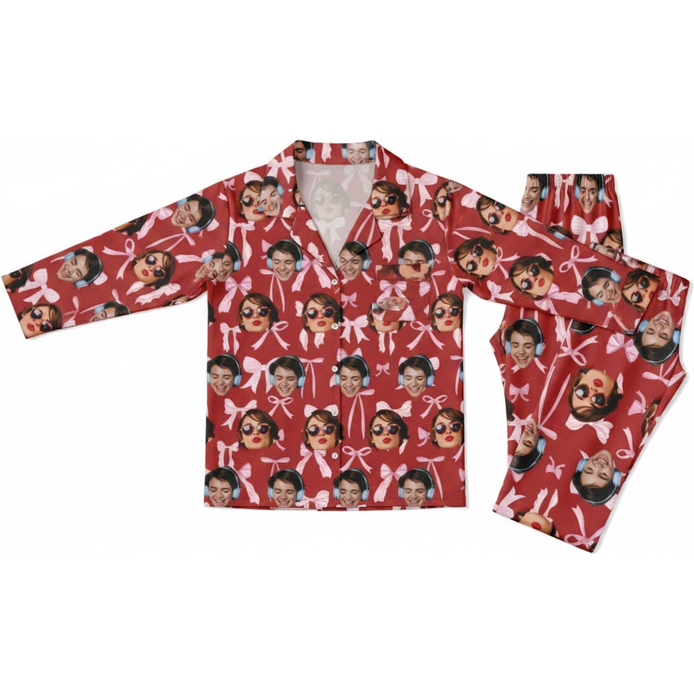 Custom Photo Upload Pajamas with Pink Bows on Red Background product on white background