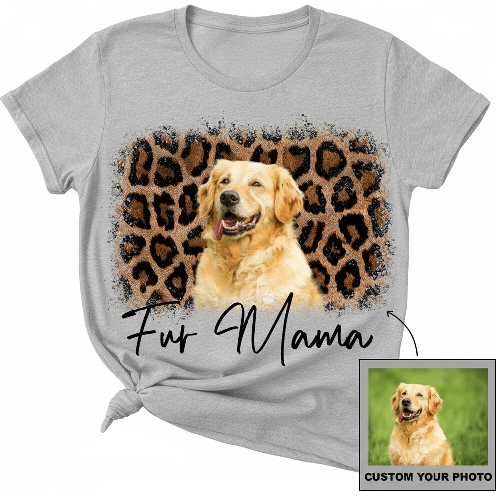 Custom Photo Upload T-Shirt with Leopard Print Background product on white background