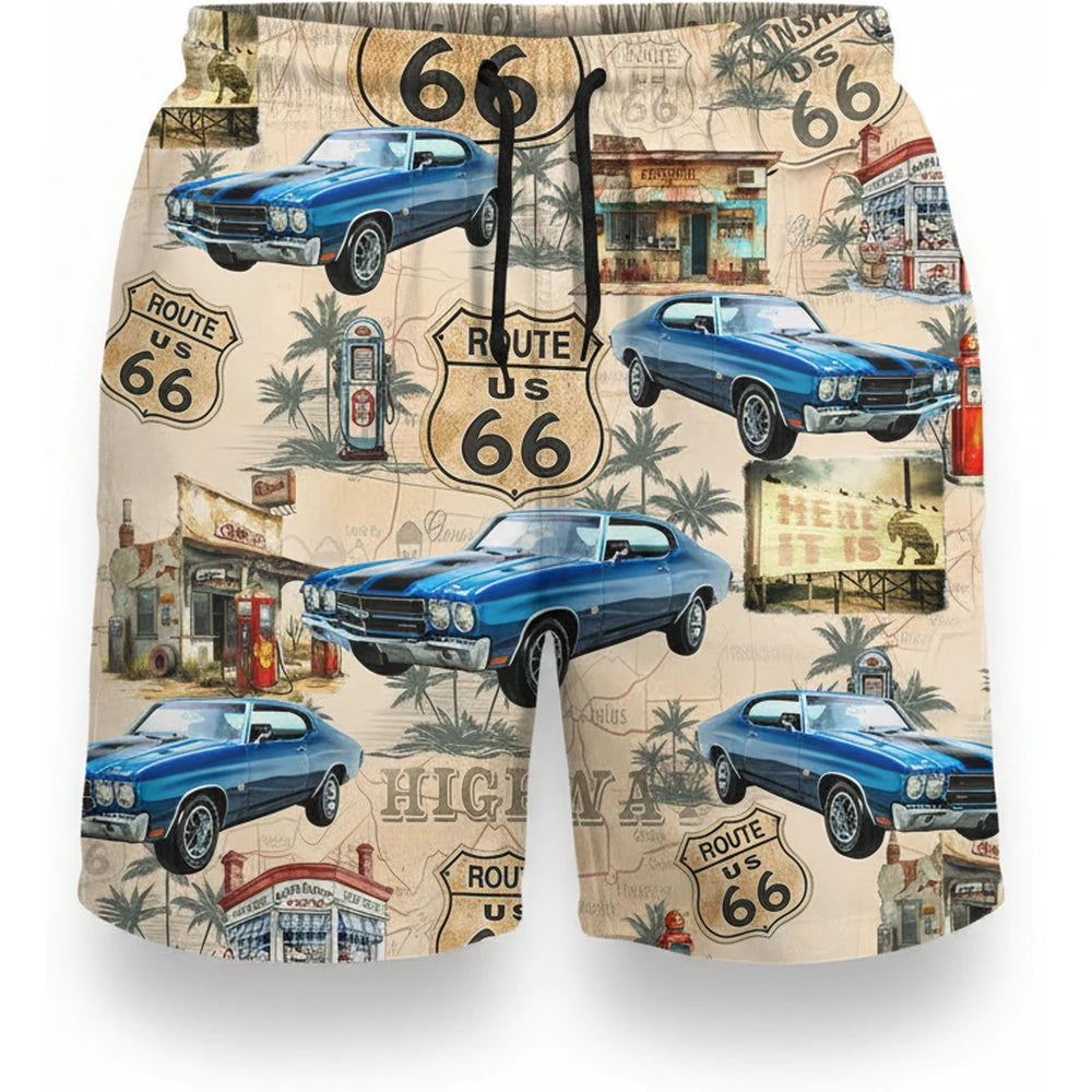 Custom Photo Upload Beach Shorts with Route 66 & Classic Blue Cars product on white