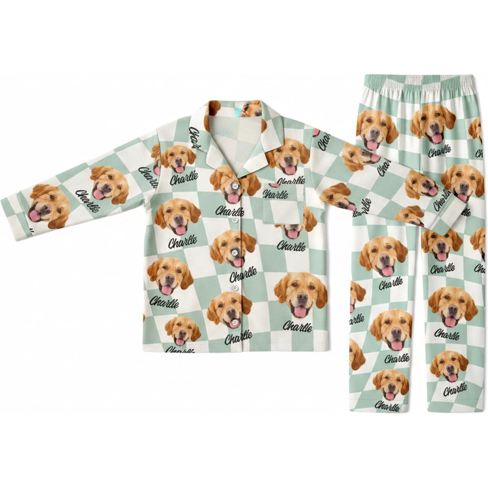 Custom Photo Upload Pajamas with Mint Checkered Pattern product on white background