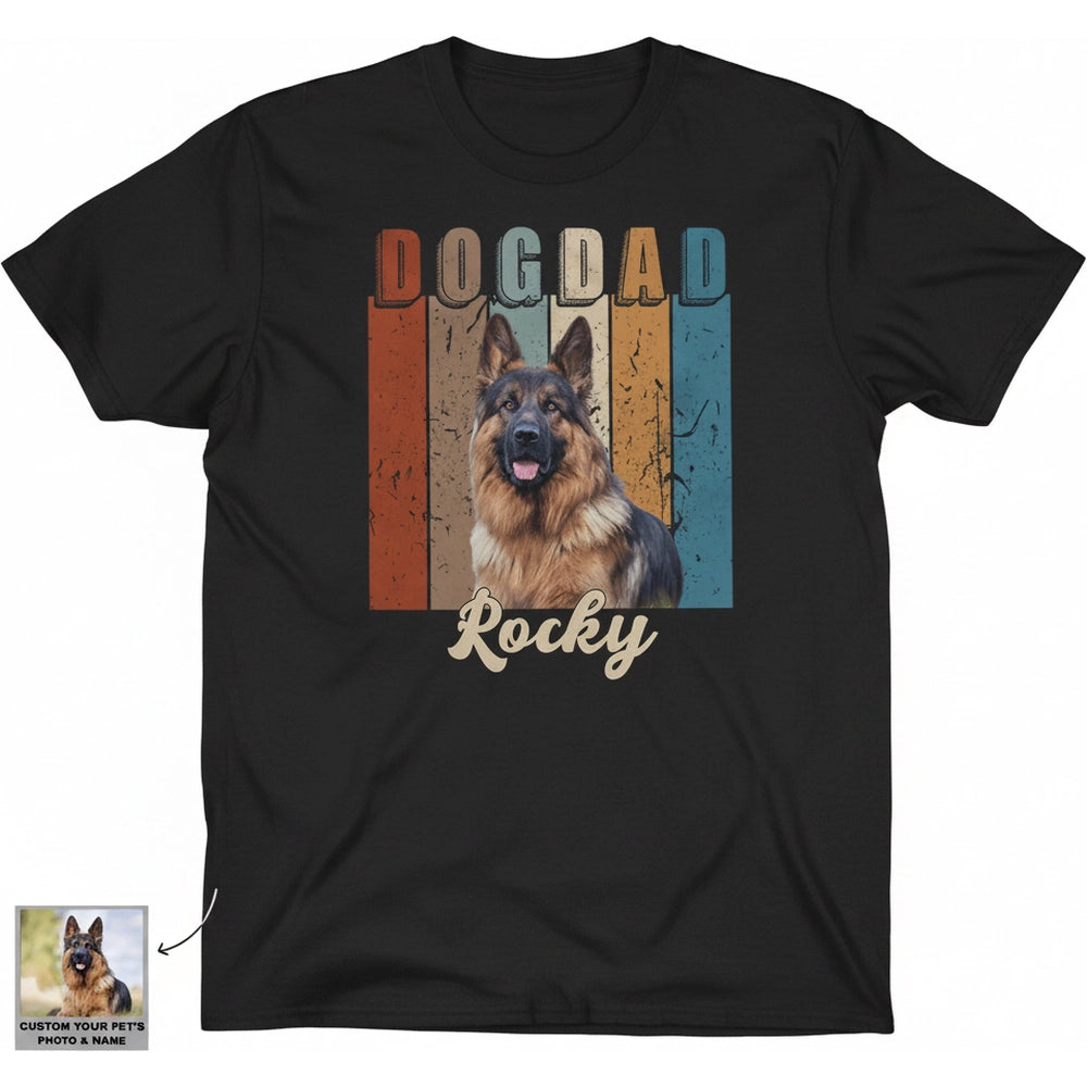 Custom Photo Upload T-Shirt with Dog Dad Retro Stripes product on white background