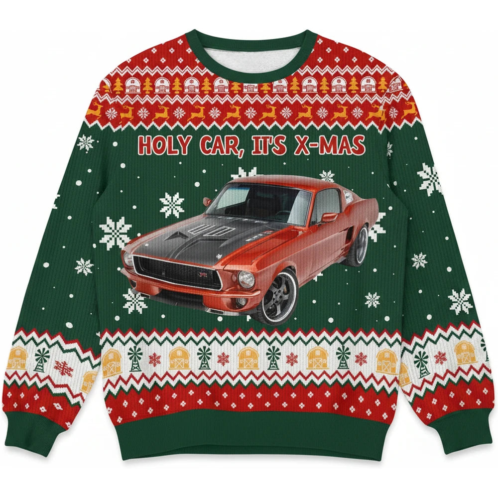Custom Photo Upload Holy Car It's X-Mas Ugly Christmas Sweater product on white background