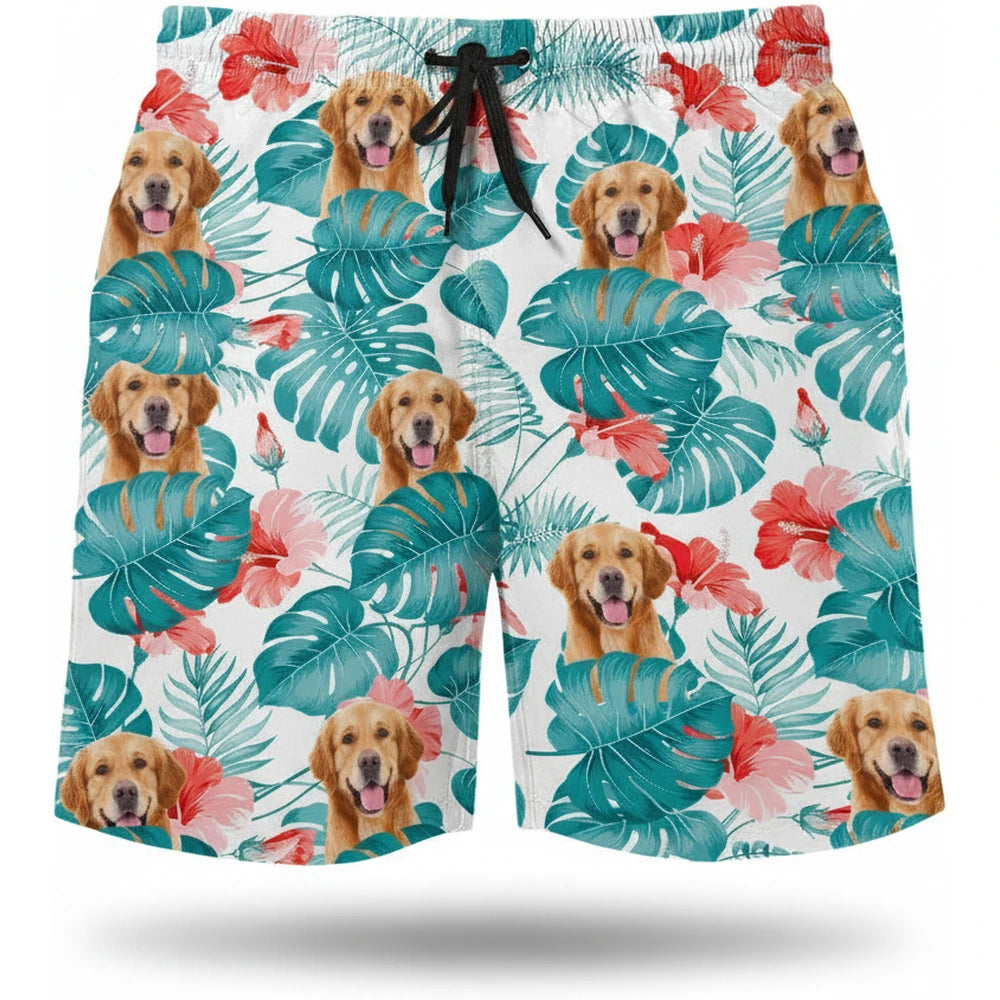 Custom Photo Upload Beach Shorts with Tropical Leaves & Hibiscus product on white background