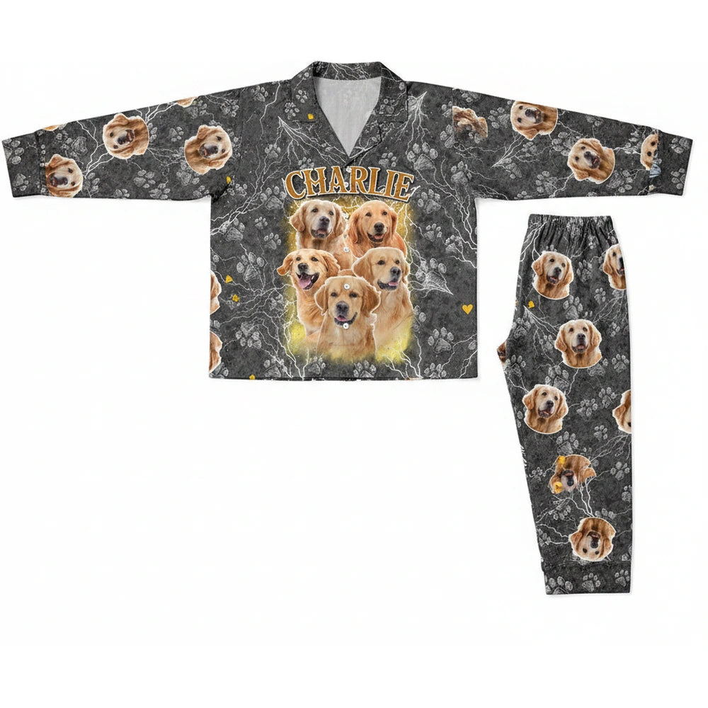 Custom Photo Upload Pajamas with Lightning & Paw Print Design product on white background