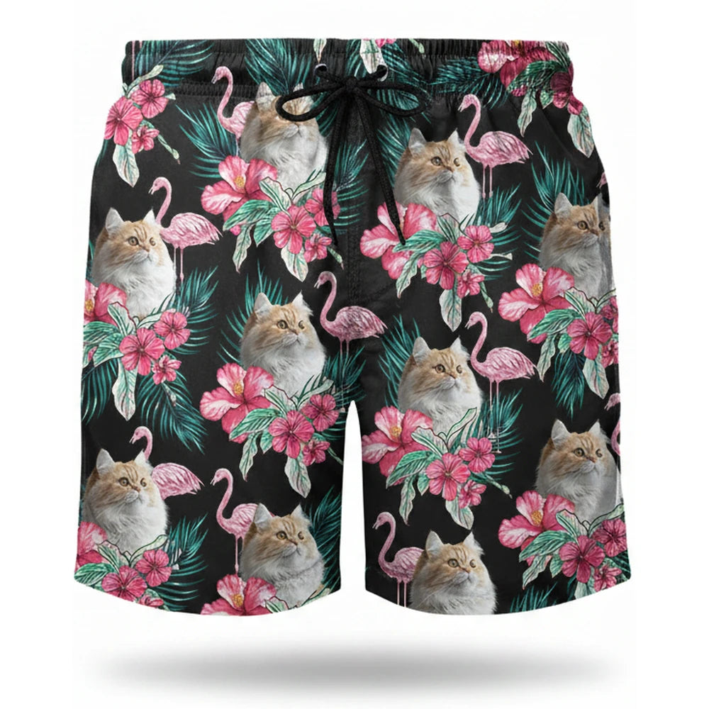 Custom Photo Beach Shorts with Cats Flamingos & Tropical Flowers product on white background
